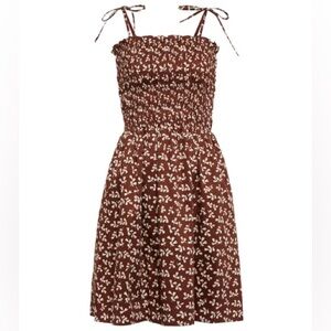 Tory Burch brown printed smocked cotton mini dress, size LG